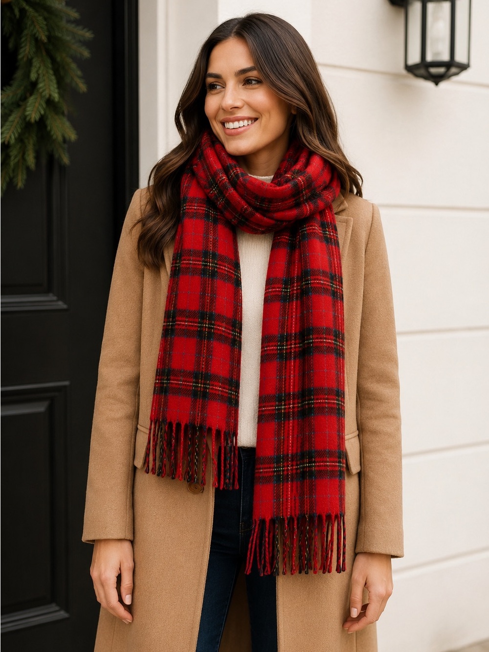 J.Crew Red Tartan Plaid Fringe Scarf Oversized Classic Preppy